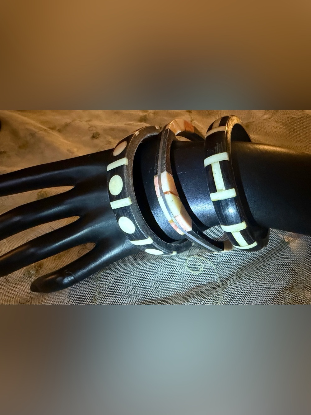 Vintage Bohemian Bone Inlay Black and Ivory Bangle bracelets set of 3